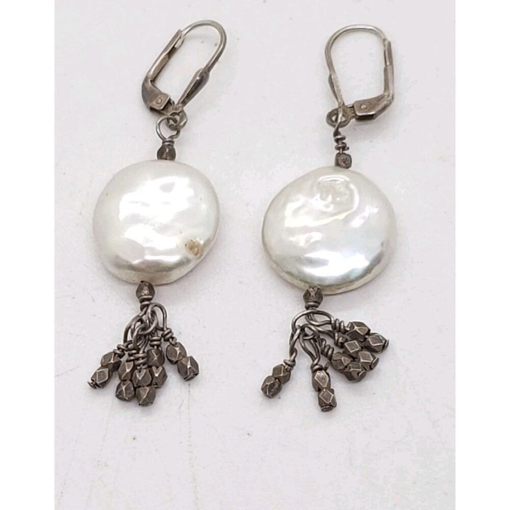 Vintage Large Genuine Coin Pearl Sterling Silver Earrings Dangle Beads Drop